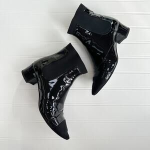 Chanel Interlocking CC Logo Patent Leather Chelsea Pointed Toe Ankle Boots
